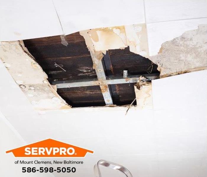 A water-damaged ceiling shows areas requiring drywall replacement.